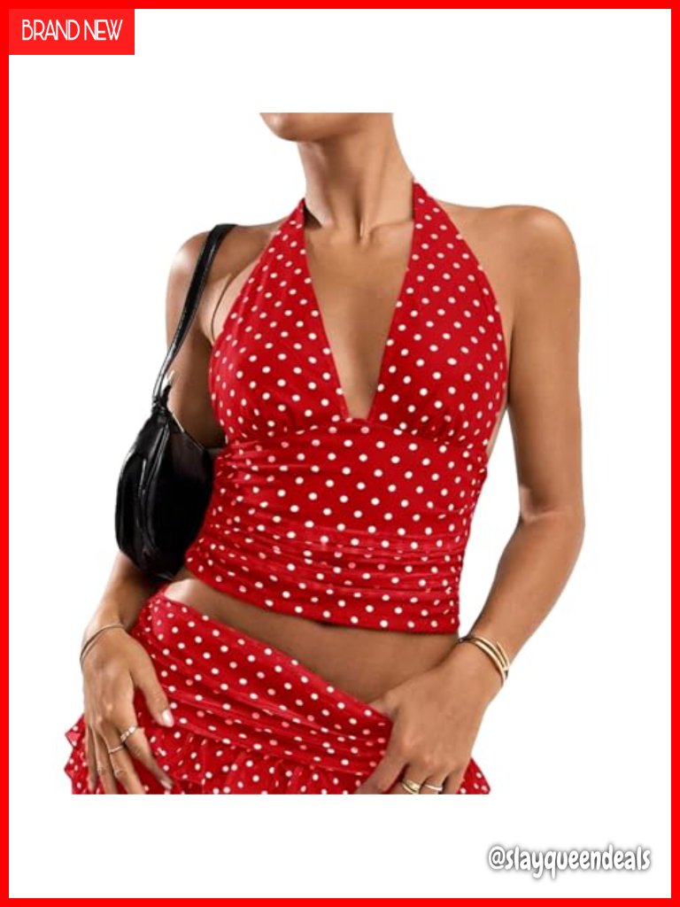 Polka Dot Mesh Crop Halter Top Tie Back Ruched Y2k Tank